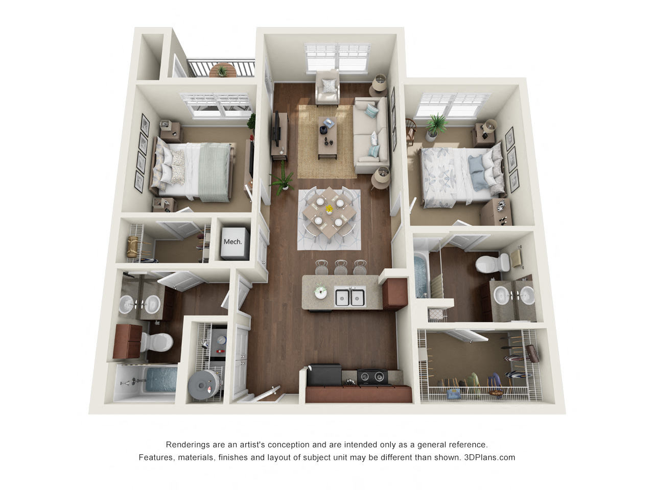 Floor plan for 2 beds, 2 baths, 919 sqft